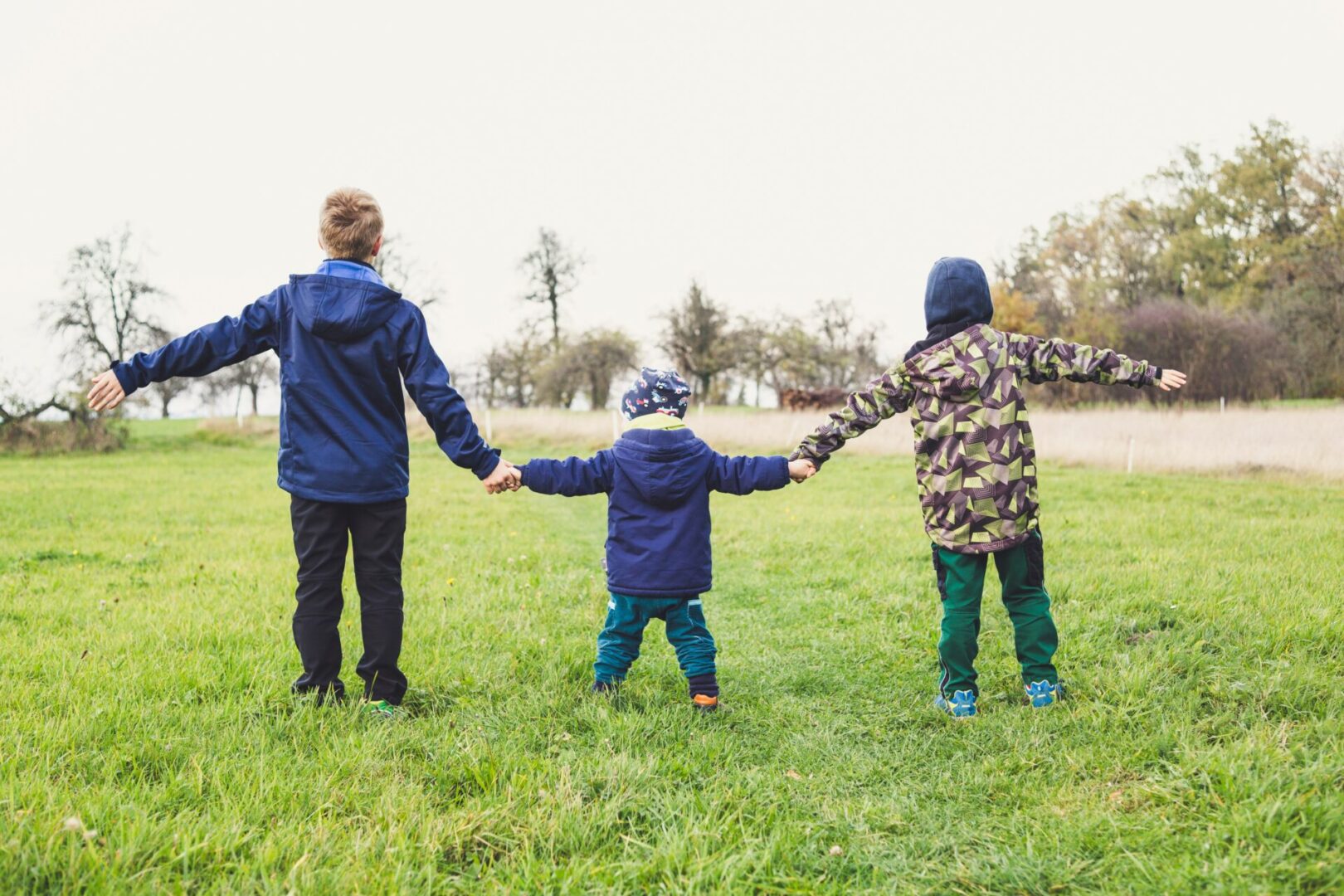 A group of people holding hands in the grass.