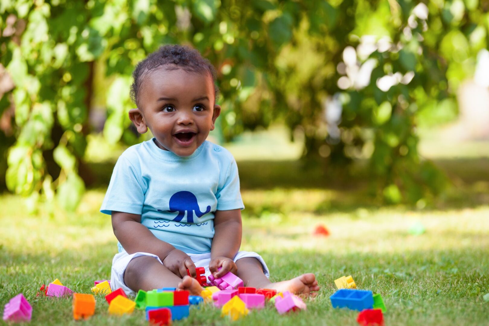 A baby sitting on the grass with blocks