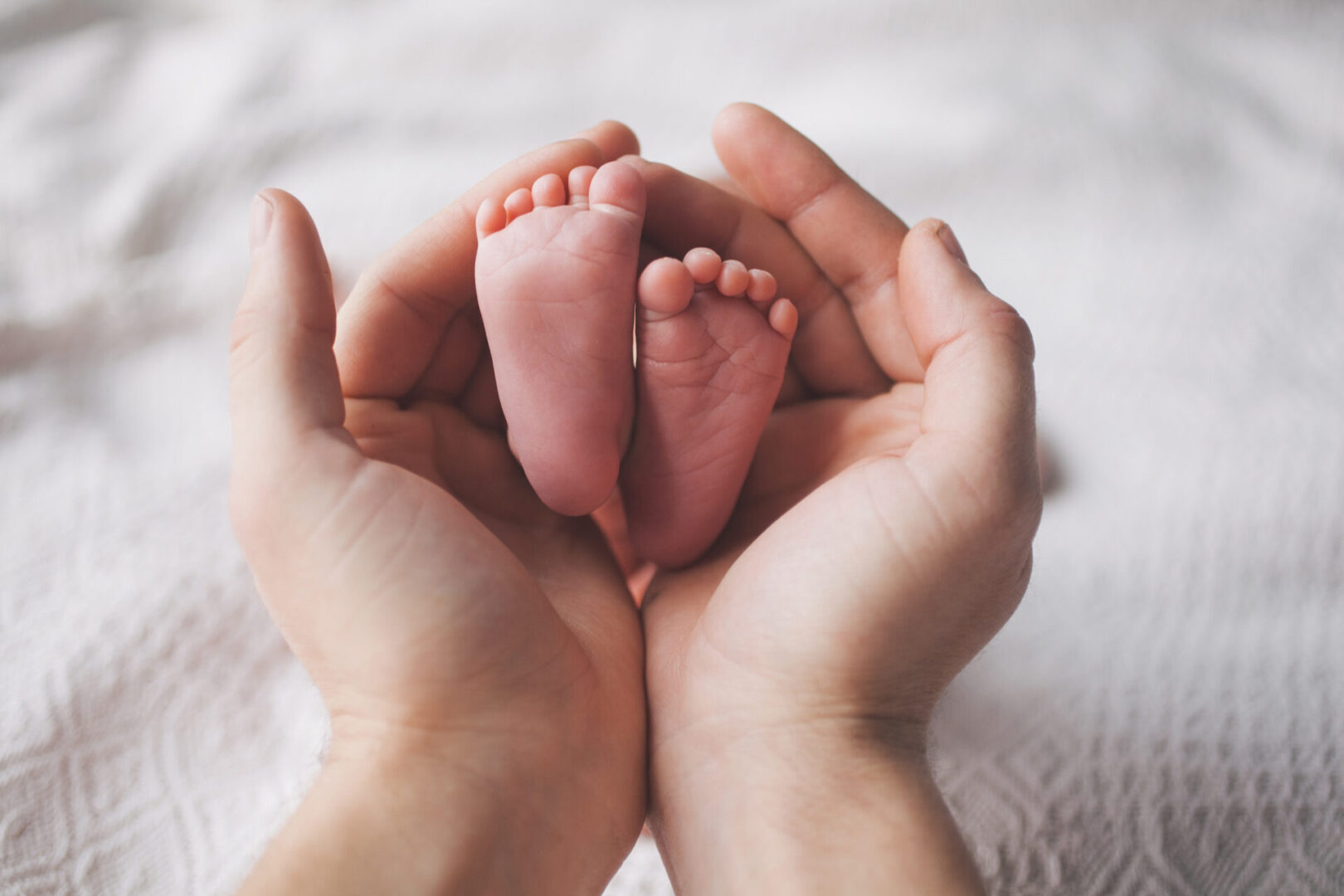 A baby 's feet in the palm of a persons hands.